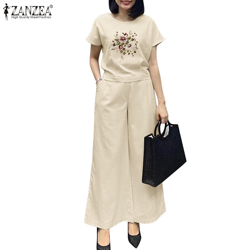 ZANZEA ใส่ ซานเซีย ผู้หญิงเกาหลีลําลองดอกไม้รอบคอกระเป๋าเอวยางยืดท็อปส์กางเกง