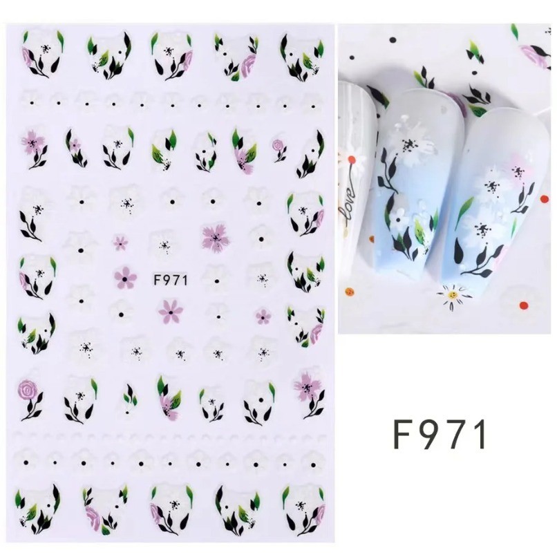 F971 สติ๊กเกอร์เล็บ ลายดอกไม้ชมพูขาวและใบไม้เขียว โอนลายน้ํา ติดด้วยตัวเอง ลายพฤกษาน่ารัก สําหรับฤดูร้อนและฤดูใบไม้ผลิ