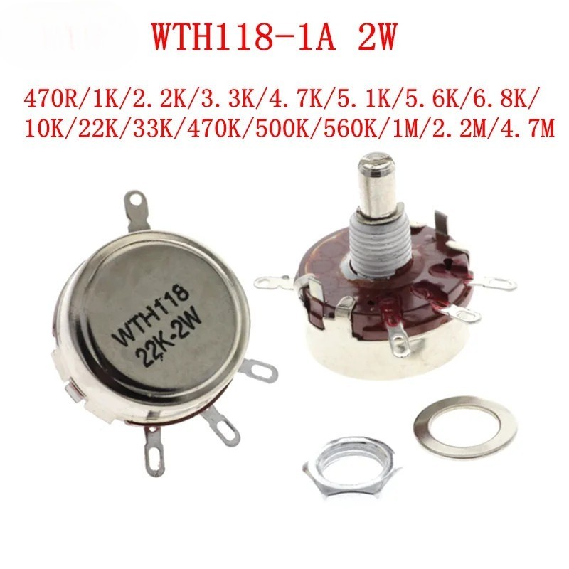 Potentiomete WTH118-A 2W 1A WTH118 Single Coil Carbon Film Potentiometer Shaft เส้นผ่านศูนย์กลาง 6 มม.1K 3.3K 4.7K 22K 10K 33K 220K 100K 470K 560K