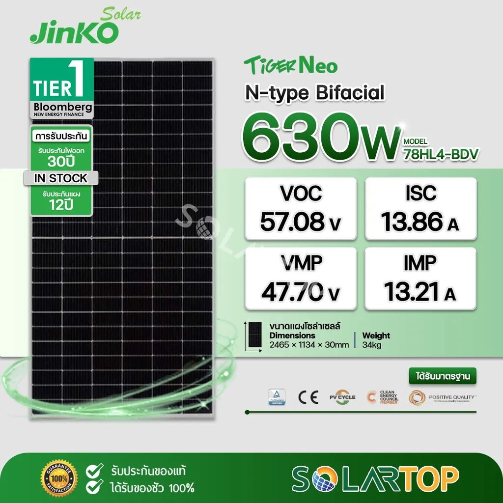 แผงโซล่าเซลล์ Jinko 630W N-type BIFACIAL มีประกันแผงเสียหายระหว่างจัดส่ง [จัดส่งฟรีทั่วประเทศ*]