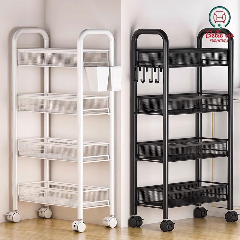 A BV ชั้นวางของในครัว 3~5ชั้น ชั้นวางของ วางแบบถอดได้ ชั้นวางของแบบโครงเหล็กมีล้อ ย้ายสะดวก แข็งแรงท