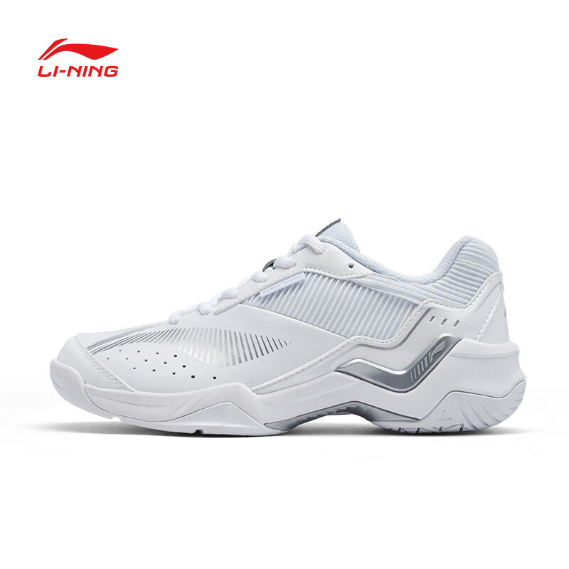 Li Ning ผู้ชายและผู้หญิงAxforce Sonic BOOM รองเท้าแบดมินตันสีขาว/สีฟ้าสีขาว/Silvery professional Anti slip ทนต่อการสึกหรอ Shock-absorbing breathable กีฬารองเท้าผ้าใบ AYTV005