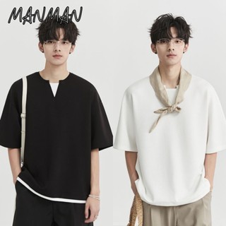 M＆M เสื้อยืดแขนสั้นผู้ชาย แขนสั้นสีล้วนแมทช์ลุคง่าย การออกแบ…