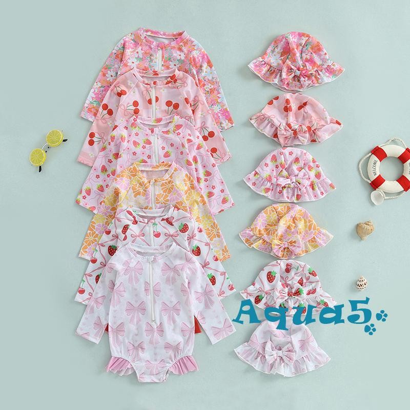 Aqq-toddler Girls Rash Guard ชุดว่ายน้ําหมวก 2 ชิ้นชุด Ruffled Zip Up แขนยาวลูกเรือคอเด็กทารกชุดว่ายน้ํา