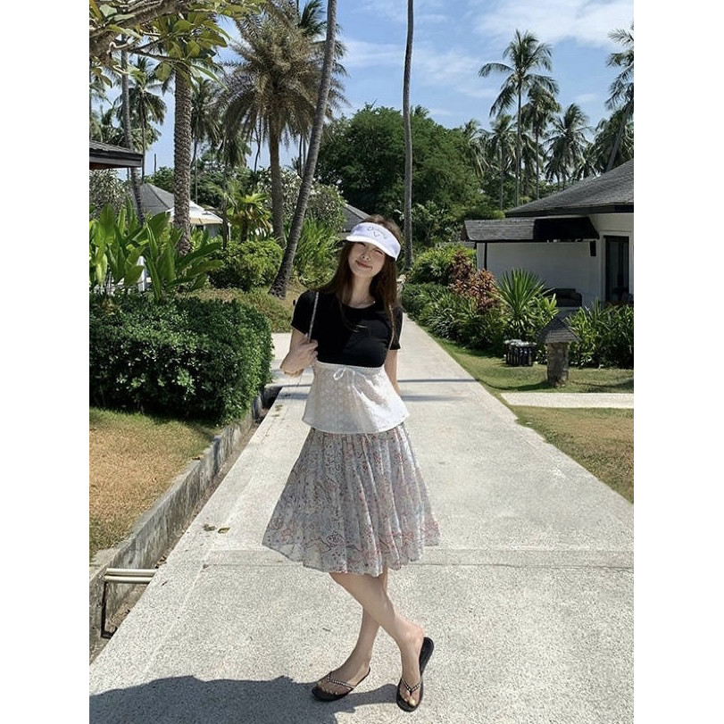 เกาหลี Crewneck ลูกไม้เย็บ Drawstring Tie เสื้อยืดแขนสั้น - รูปที่ 3