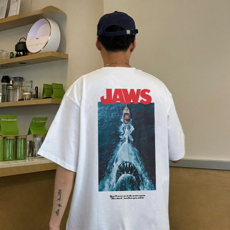 (จัดส่งตลอด 24 ชั่วโมง)Fanfei 1975 Great White Shark Movie เสื้อยืด, อเมริกันรีโทร "JAWS" เสื้อยืดแขนสั้นพิมพ์ลาย