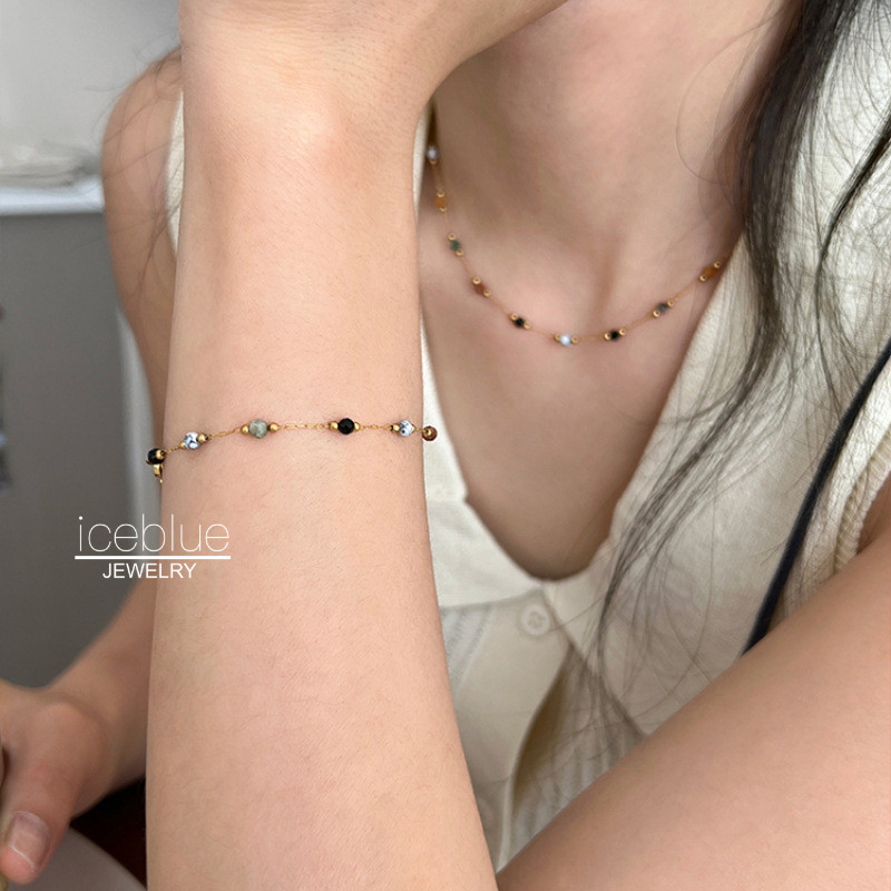 Iceblue-Vintage สีสันลูกปัดคริสตัลธรรมชาติหิน Gold Chain สร้อยข้อมือสร้อยคอ 18K Gold Plated 316L สแตนเลสไทเทเนียมเหล็ก Non Tarnish เครื่องประดับสําหรับผู้หญิง B22
