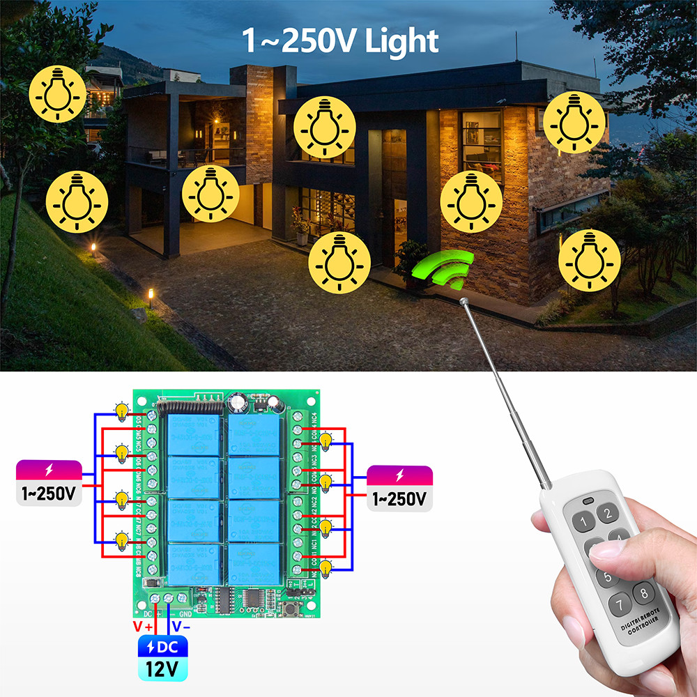 สวิตช์ควบคุมระยะไกลไร้สาย RF 433MHz 8 ช่อง โมดูลรีเลย์ DC 12V 10A 8 ทางสำหรับไฟ พัดลม โคมไฟ LED ราคา ถูกที่สุด ดีลบีเคเค แกลเลอรีภาพที่ 4