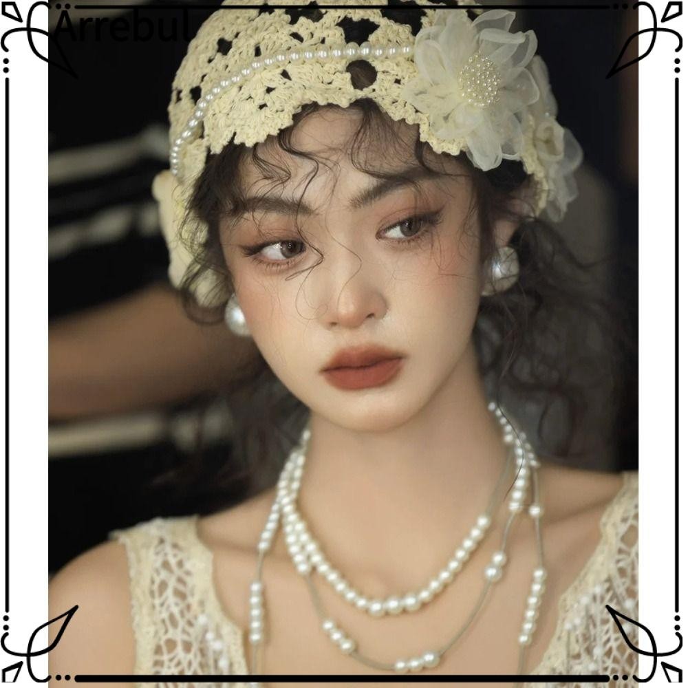 Arebul Beret Cap,ลูกไม้ดอกไม้ถักหมวก,Breathableแฟชั่นHollowed Out Pearl Skulliesหมวกสําหรับผู้หญิง