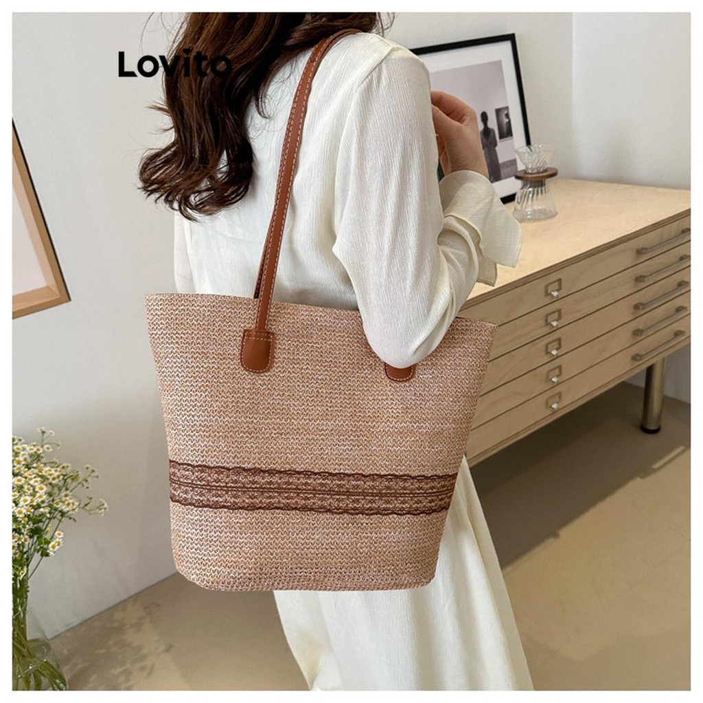 Lovito สง่างามสีพื้นRhombus Lattice โซ่โลหะความจุขนาดใหญ่และใช้งานได้จริงทุกวัน การเดินทางกระเป๋าสะพายสําหรับผู้หญิง LFA69291