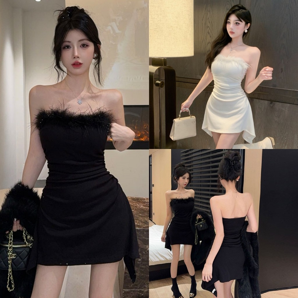 🌜Soroh🌛ชุดเดรสผู้หญิง สีพื้น เปิดไหล่ แต่งขนมุ้งมิ้งที่อก🌠ชุดมินิเดรส สไตล์เกาหลี ทรงสวย แฟชั่น🌟#FY2768