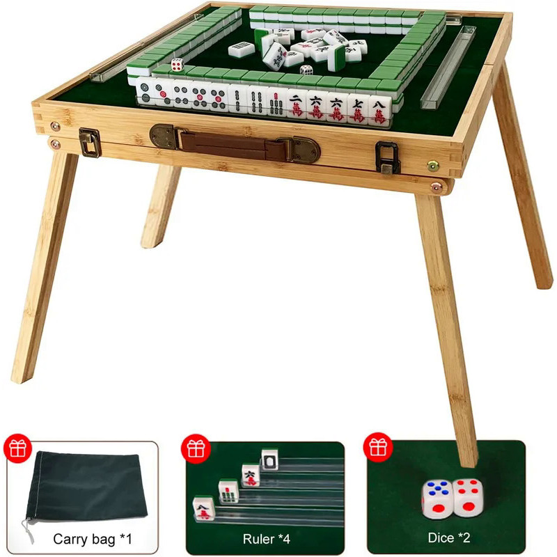 Mahjong Tiles Set with Folding Table for Outdoor Camping Travel, Portable Chinese Mahjong Game Kits,