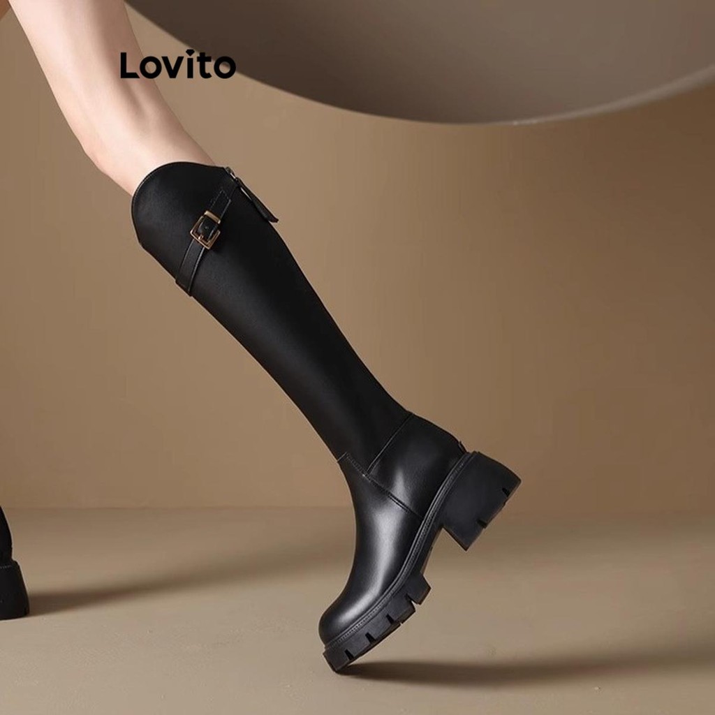 Lovito ลําลองธรรมดาสไตล์อังกฤษอเนกประสงค์หนาทําให้เท้าของคุณslimmerยาวหลอดแฟชั่นbootสําหรับผู้หญิง LFA62301