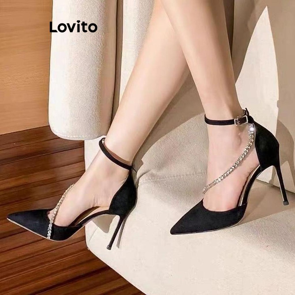 Lovito สง่างามธรรมดา พลอยเทียม หัวเข็มขัดขั้นสูงชี้ส้นกริชส้นสําหรับผู้หญิง LFA62310