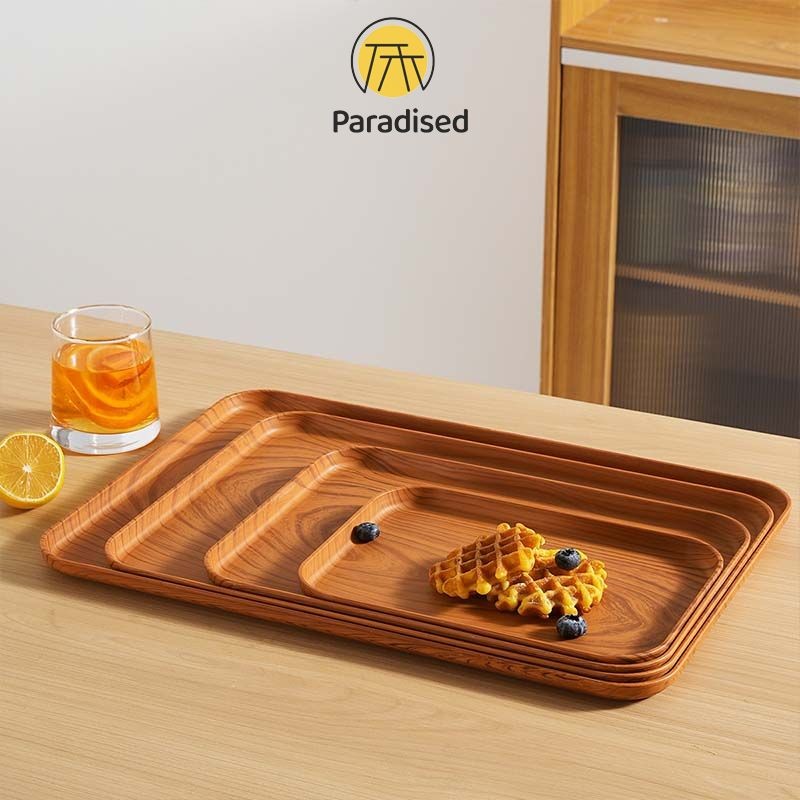 PAสไตล์จีน  ถาดชาผลไม้ ถาดเก็บของ เดสก์ท็อป ถาด ลายไม้เทียม ของว่าง PP
