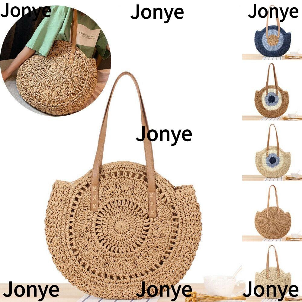 JONY1 Straw Bag Fashion Round Rattan Beach Tote Bag
