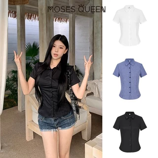 MOSESQUEEN เซ็กซี่หน้าอก เอว รูป เสื้อแขนสั้น ผู้หญิง 2025 ฤดูร้อน อารมณ์ ปก จีบ บริสุทธิ์ ความต้องการ เครื่องเทศ สาว สูงสุด #62892