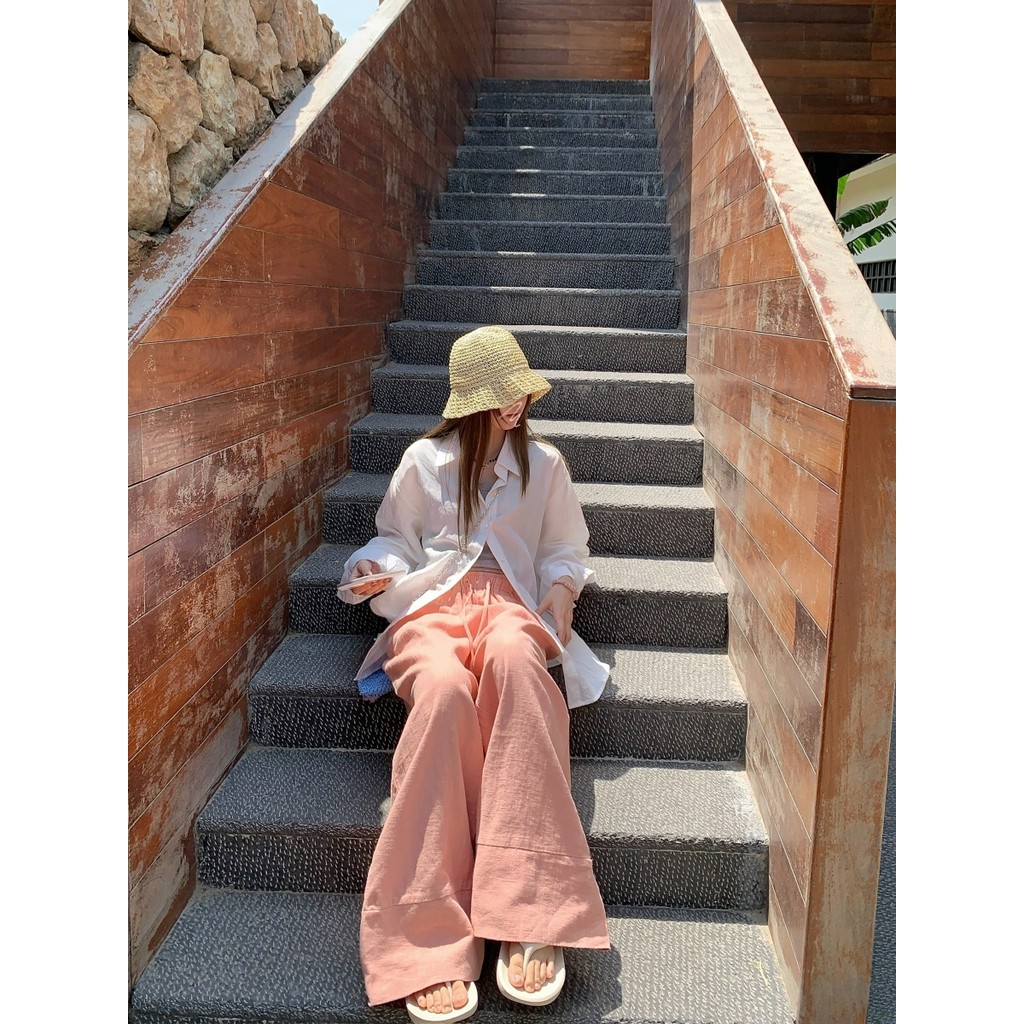 Luna Shop กางเกงลําลองผู้หญิง กางเกงขาตรงเชือกรูด หลวมๆ เรียบง่าย เนื้อผ้าบางใส่สบาย สไตล์เกาหลี 🍒 พร้อมส่ง 💕 - รูปที่ 5