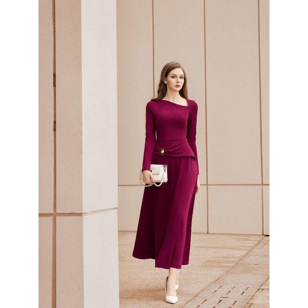 เดรสทรงเอแขนยาวคอปกเบียสพร้อมเข็มขัด LD403