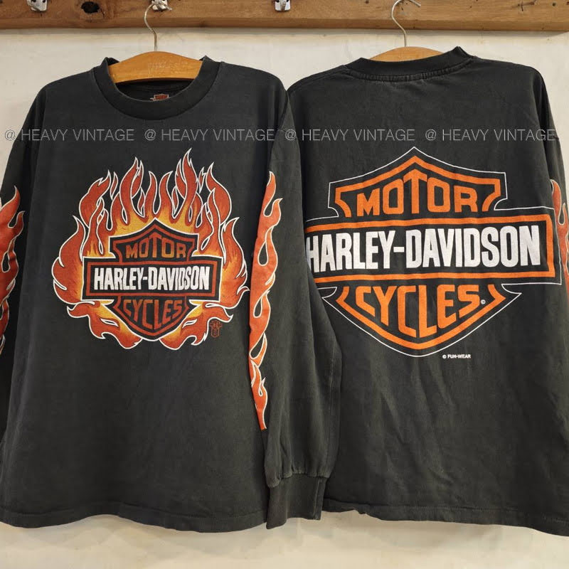HARLEY-DAVIDSON FireArmSleeve Bio Washed LongSleeve tag USA เสื้อวินเทจ เสื้อทริป ฮาร์เลย์ heavy vintage shirt