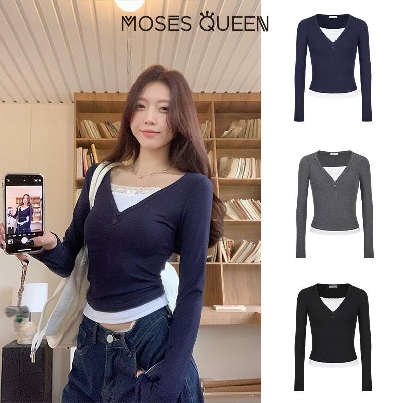 MOSESQUEEN  ปลอมสองลูกไม้เย็บเสื้อยืดแขนยาวหญิงฤดูใบไม้ร่วงเกาหลีหวาน Slim Bottoming เสื้อด้านบน #62883