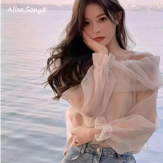【C】Alisa.Sonya เสื้อปาดไหล่ แขนยาวฟอง ชีฟอง สีพื้น ชุดเกาหลี ผู้หญิง 24AS1171