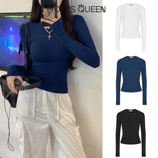 MOSESQUEEN อเมริกัน บาง พอดี เสื้อยืดแขนยาวสําหรับผู้หญิง ฤดูร้อนสไตล์ใหม่สาวเผ็ดเสื้อฐานสั้นสีทึบไหล่ปกเสื้อด้านบน #62220-62145