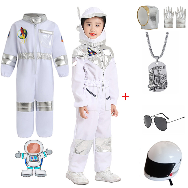 เครื่องแต่งกายนักบินอวกาศสําหรับเด็ก Boy White Sliver Space Suit Jumpsuit หมวกกันน็อคถุงมือชุดฮาโลวีน Carnival Party Performance Dress Up