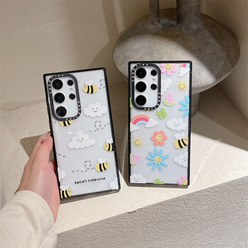 เคสโทรศัพท์มือถือ PC อะคริลิคแข็ง ใส กันกระแทก ลายก้อนเมฆ ผึ้ง พร้อมกล่อง คุณภาพสูง สําหรับ Samsung Galaxy S24 S23 S22 Ultra Plus S24+ S23+