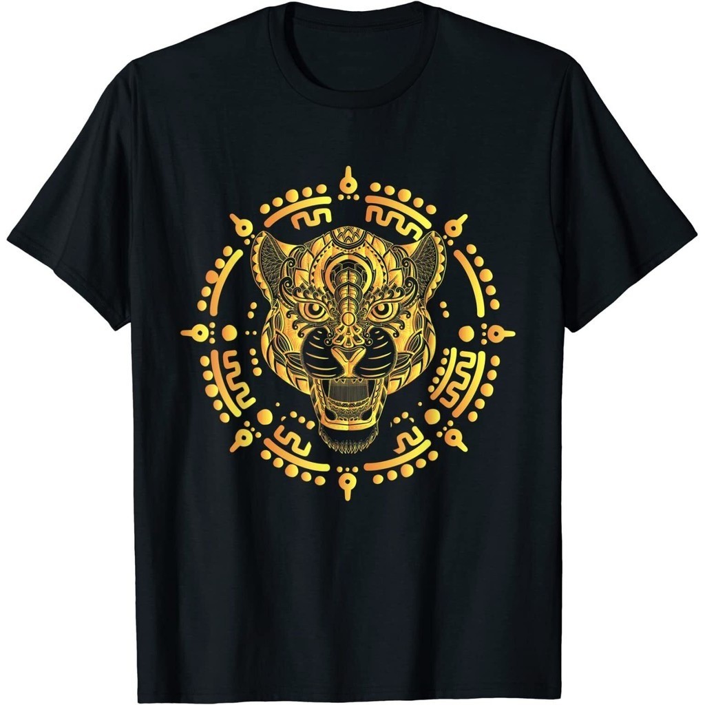 เสื้อยืด พิมพ์ลาย Meican Golden Jaguar Aztec Maya Ocelot สําหรับผู้ชาย