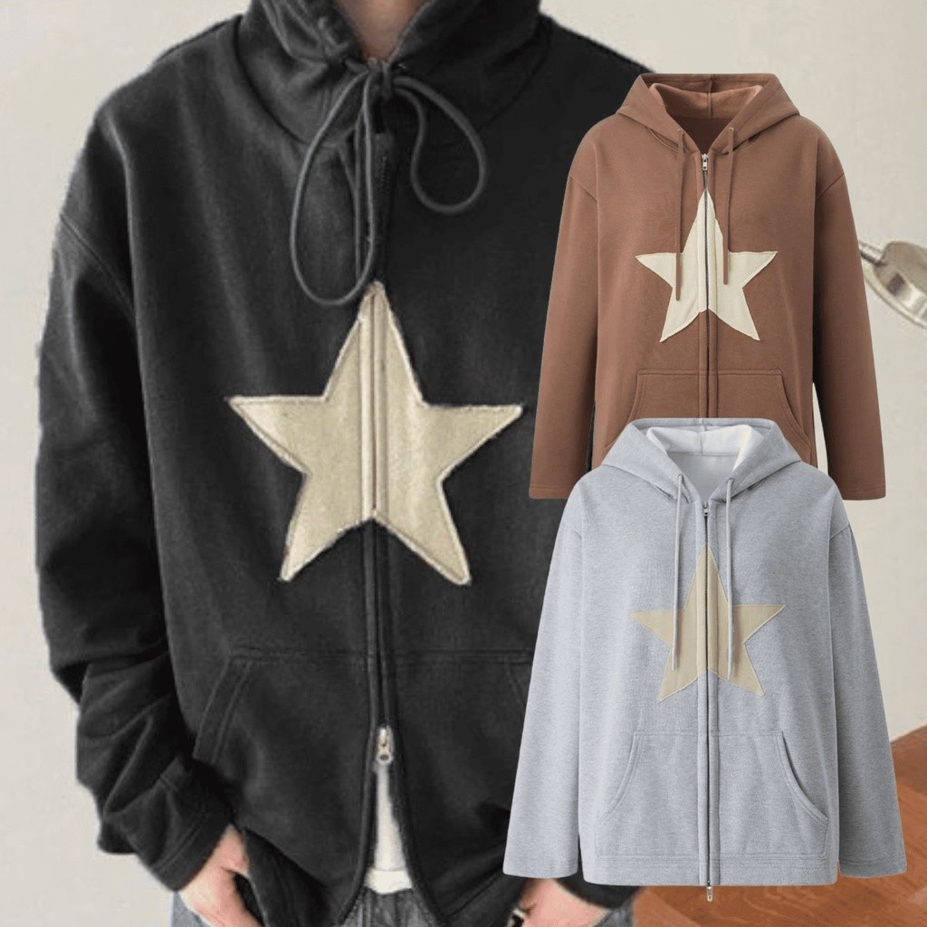Stiego- Star Zipper Sweater Star Zip Up Harajuku Hoodie,เสื้อผ้า Y2k,เสื้อผ้าHarajuku,Y2kแฟชั่น,Stre