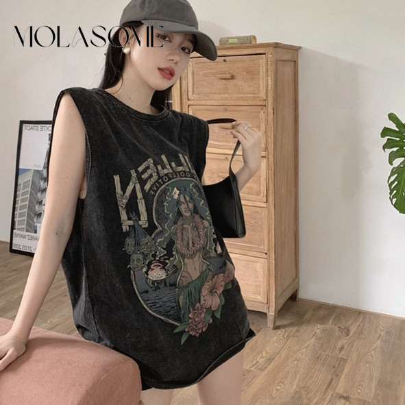 Molasome เสื้อยืด คอกลม แขนกุด พิมพ์ลาย ทรงหลวม เข้ากับทุกการแต่งกาย สําหรับผู้หญิง 2024