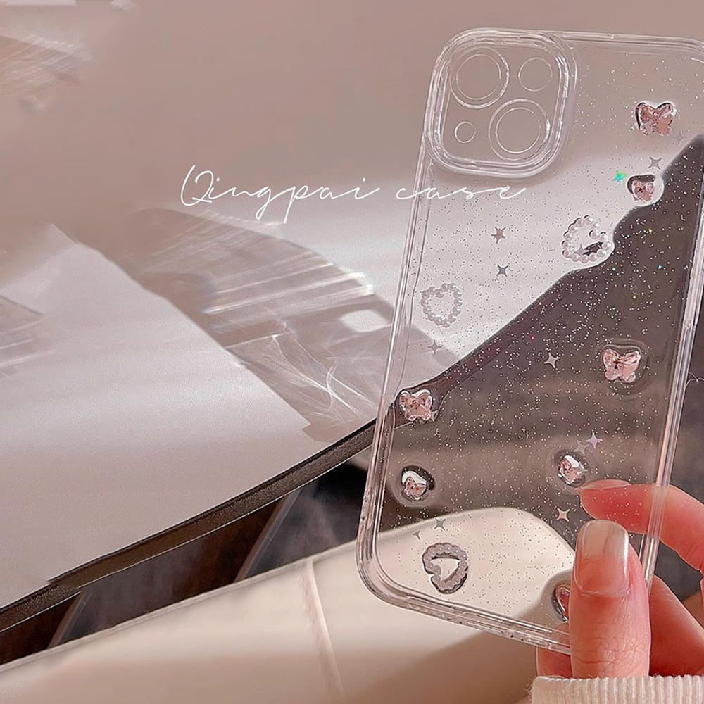 Iphone Case Clear Crystal Glitter Case IPhone 14 Pro Max เกาหลี Dreamy Sequins ผีเสื้อ Love Heart Full Body กล้องป้องกันกรณีสําหรับ IPhone 16 15 14 13 12 11 Pro Max 15 14 Plus