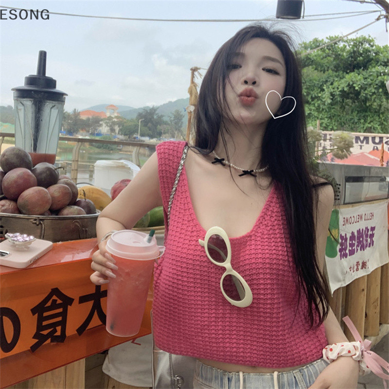 Esong ฤดูร้อน Hotsweet คอกลมถักด้านบนผู้หญิงสีพื้นแขนกุดหลวมเสื้อกั๊ก th