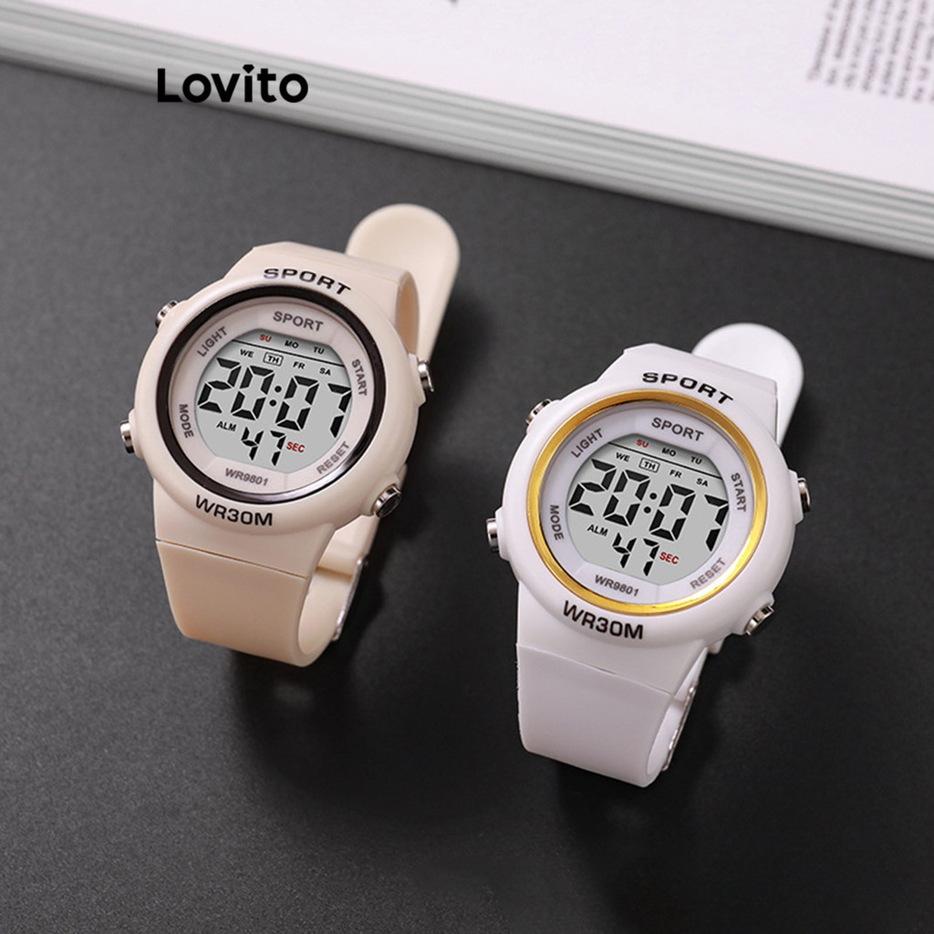 Lovito นาฬิกาอิเล็กทรอนิกส์ผู้หญิง อเนกประสงค์ กันน้ำ สีพื้น สไตล์ลำลอง LFA27493