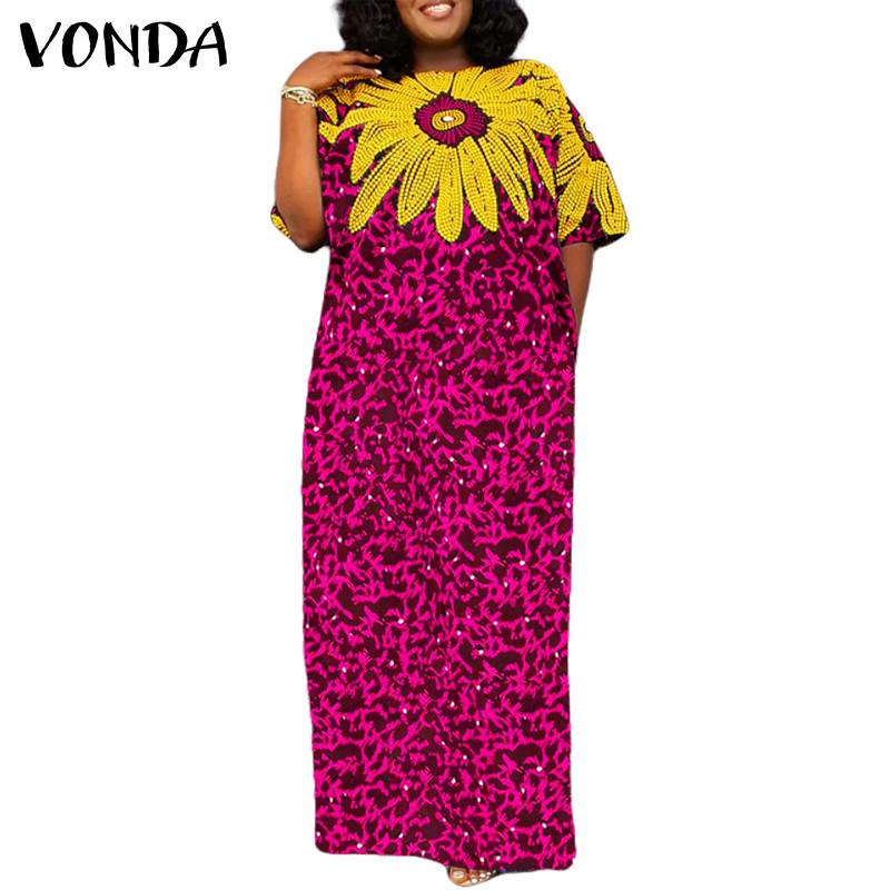 Vonda ผู ้ หญิงวินเทจลําลองคอกลมแขนสั ้ นพิมพ ์ เดรส