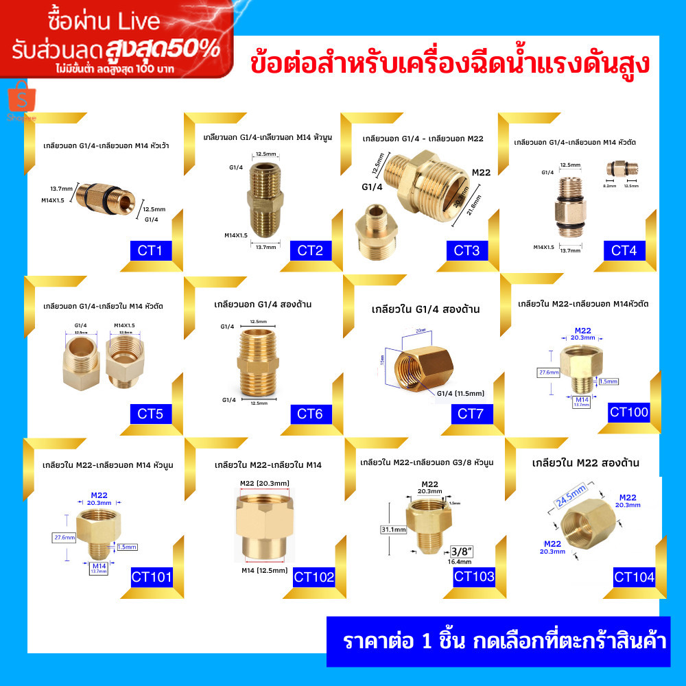 ข้อต่อแปลง ข้อต่อเครื่องฉีดน้ำแรงดันสูง ข้อต่อแปลงเกลียว ข้อต่อเกลียวใน เกลียวนอก M22 M14 G1/4