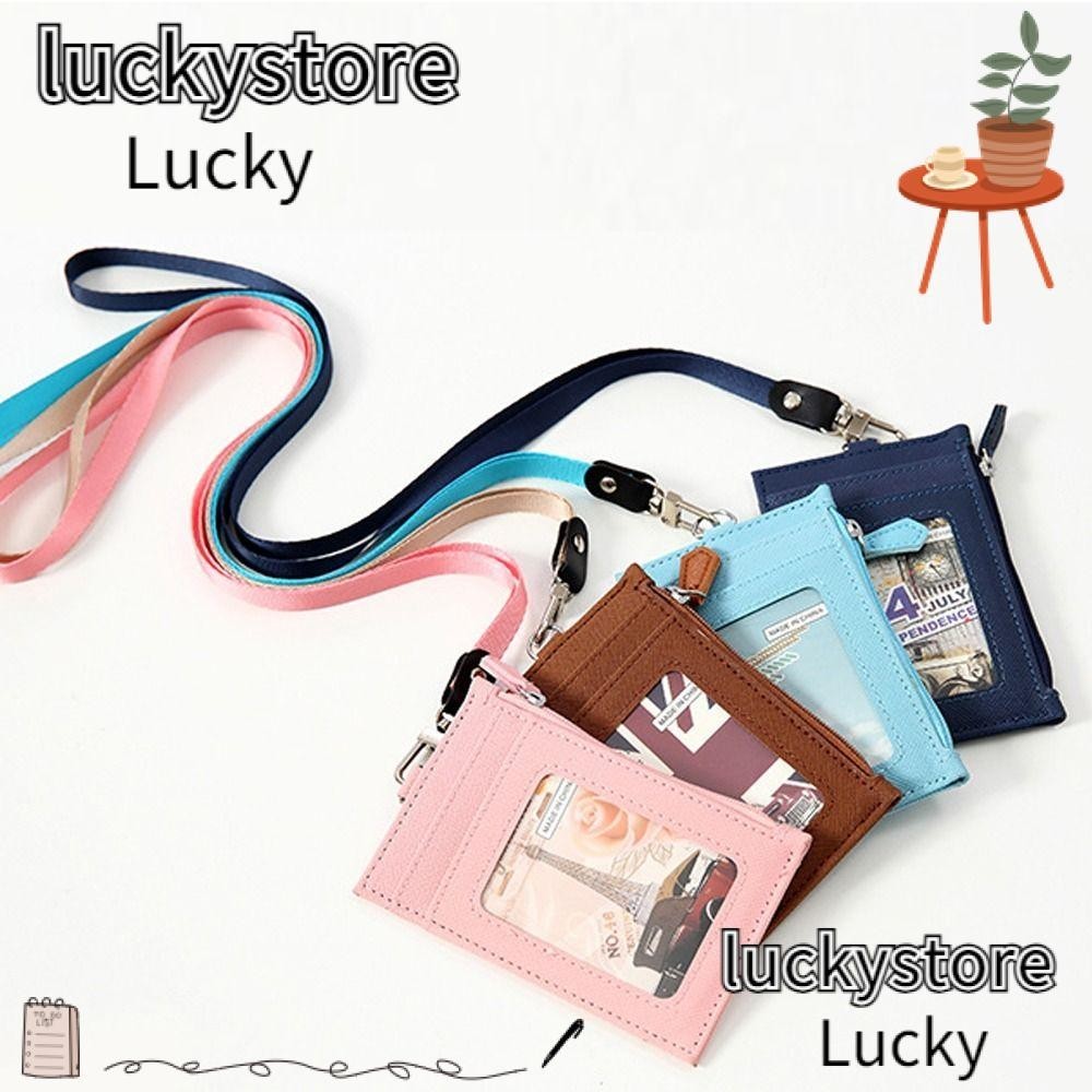 Lucky Card Badge Holder, with Neck Lanyard PU Leather Card Bag, Casual Zipper Bag Card Student