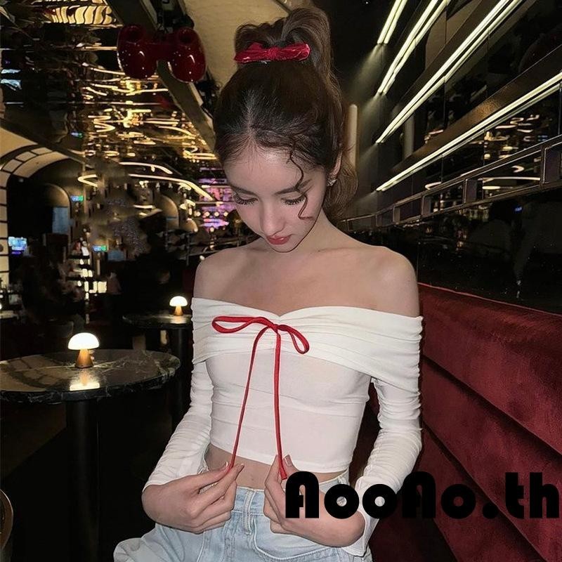 Aooao-เสื้อเปิดไหล่ขั้นพื้นฐานสตรีมีโบว์ Ruched เสื้อยืดแขนยาว