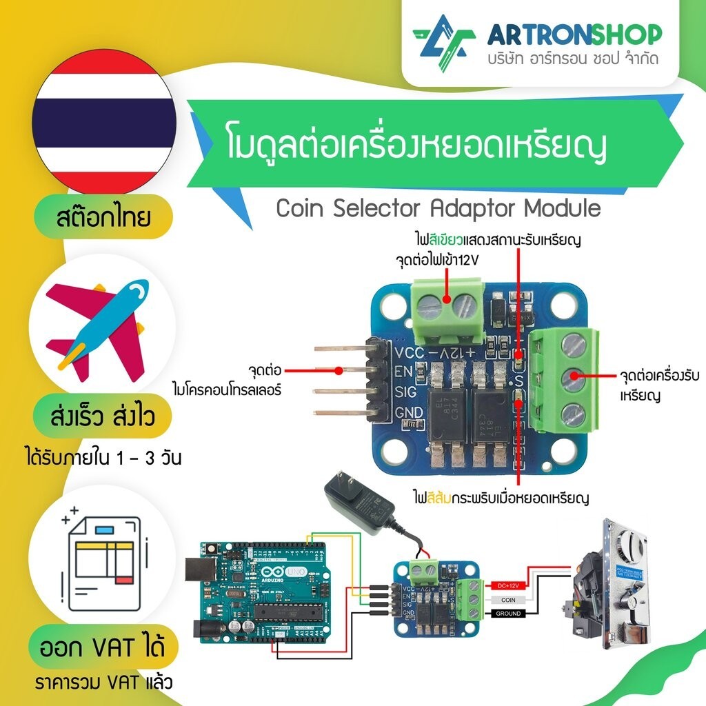 โมดูลต่อเครื่องหยอดเหรียญ สำหรับบอร์ด Arduino ใช้ทำโปรเจคเครื่องหยอดเหรียญ