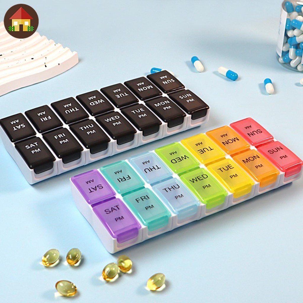 Pill Organizer Double-Row 14-เซลล ์ ยาคอนเทนเนอร ์ AM PM 2 ครั ้ งต ่ อวันพลาสติกยาคอนเทนเนอร ์ SHOPTKC7562
