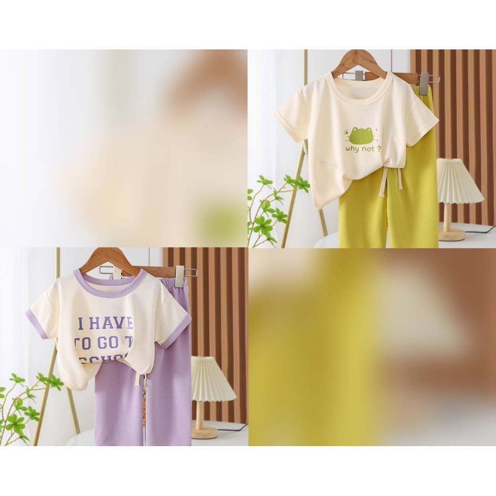 ใหม่ ชุดเสื้อแขนสั้น พิมพ์ลายตัวอักษร วาฟเฟิล สองชิ้น สไตล์เกาหลี สําหรับเด็ก