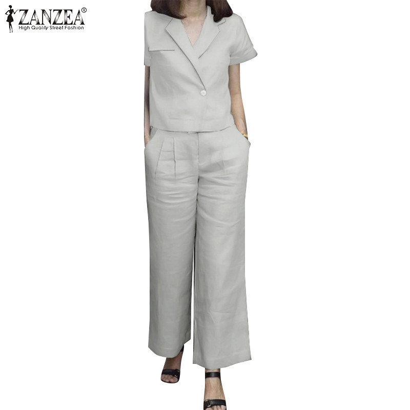 Zanzea ผู ้ หญิงแฟชั ่ นปกปกแขนสั ้ นสีทึบ Cropped Blazer + กางเกงชุด