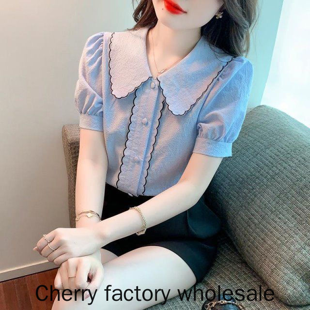เสื้อแฟชั่นผู้หญิง เสื้อเชิ้ตสีน้ําเงิน, ปกตุ๊กตาคุณภาพสูง, เสื้อแขนสั้นที่อ่อนโยนและหวาน, ชุดทํางานลําลองของผู้หญิง, ชุดมืออาชีพ