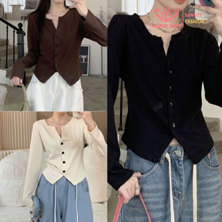 เสื้อแขนยาวผู้หญิง มี3สี เสื้อกันหนาวแต่งกระดุมหน้า ไม่หนาไม…