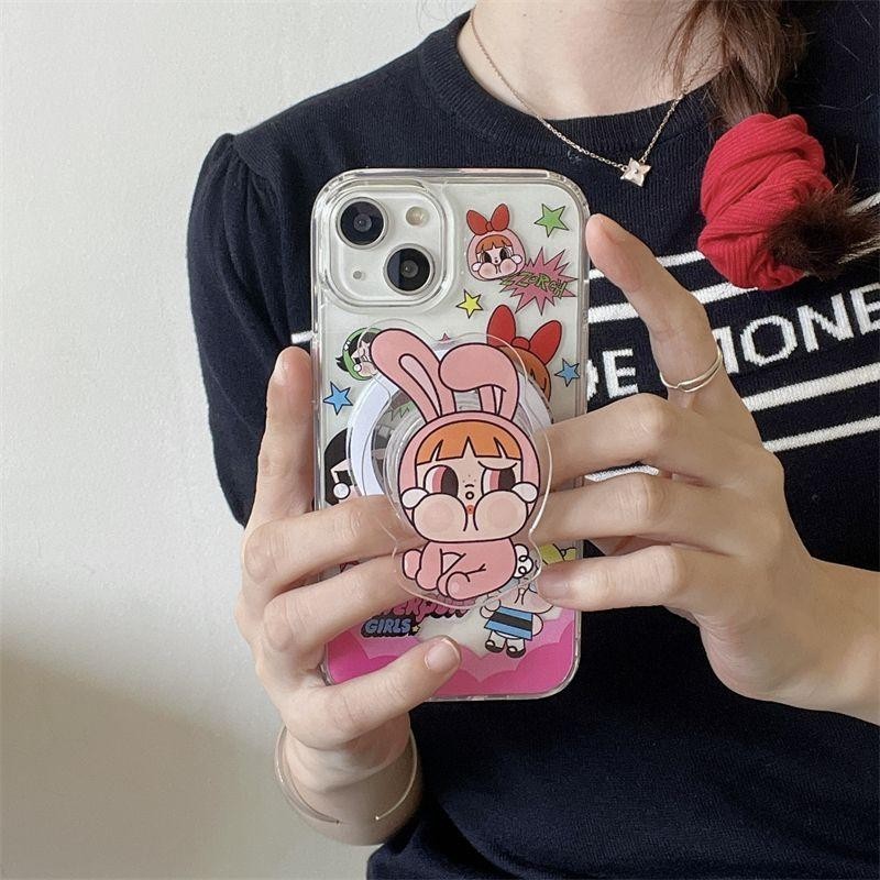 น่ารัก POP MART CRYBABY Powerpuff Girls Magnetic Bracket Casing สําหรับ Iphone 15 Pro Max 11 12 13 14 Pro Max 12 Mini 7 8 Plus XR X XS Max Magnetic Wireless Charge Case Cover