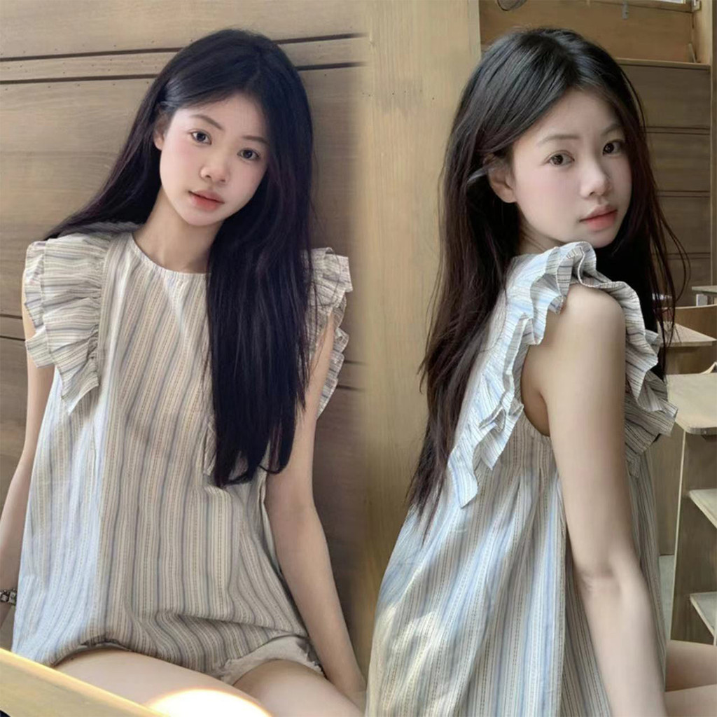 เสื้อแขนกุดแต่งระบาย ลายทาง คอกลม สไตล์มินิมอล พร้อมส่งจากไทย