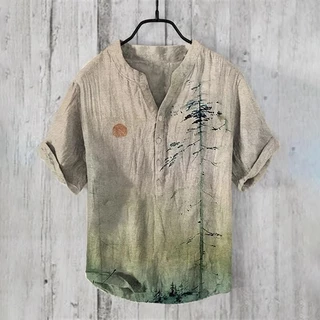 ผู้ชายญี่ปุ่นแฟชั่นขนาดเล็กคอวีเสื้อ henley ผู้ชายวินเทจญี่ปุ่นศิลปะ Magnolia ดอกไม้ V คอเสื้อลําลอง