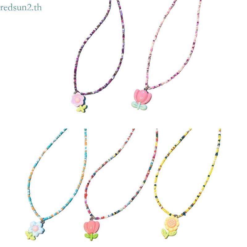 Redsun2 สร ้ อยคอลูกปัดสั ้ นสีสันสดใส Y2K สไตล ์ หญิงเครื ่ องประดับดอกไม ้ จี ้ สร ้ อยคอ