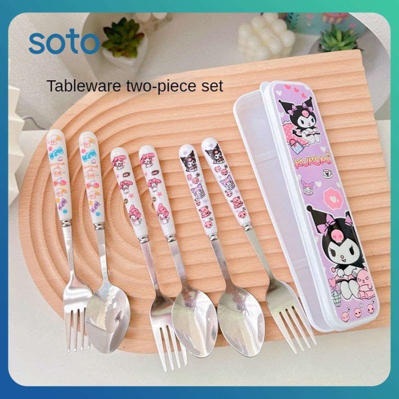 ♫ Sanrio ช้อนส้อมสแตนเลสน่ารักการ์ตูน Kuromi ชุดช้อนส้อมทานอาหารสำหรับเด็กของโรงเรียน
